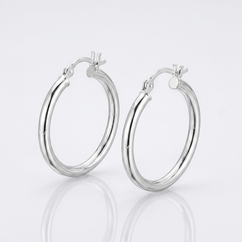 Sterling Silver Rhodium Plated Polished Look Hoop Earrings (25mm) by Avera Group