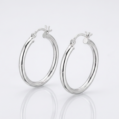 Sterling Silver Rhodium Plated Polished Look Hoop Earrings (25mm) by Avera Group