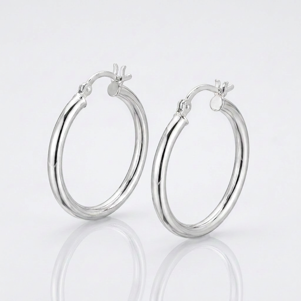 Sterling Silver Rhodium Plated Polished Look Hoop Earrings (25mm) by Avera Group