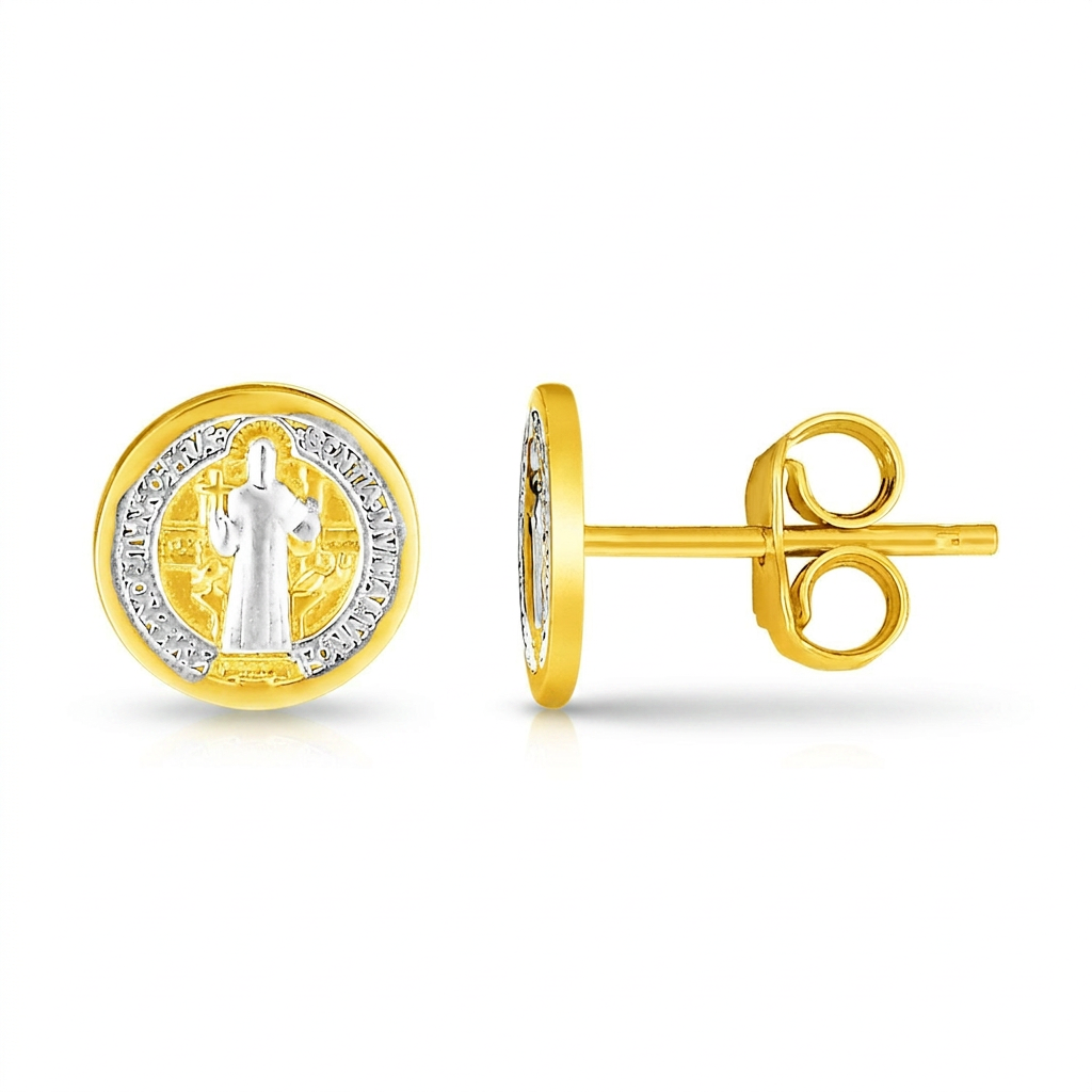 14k two-tone gold round religious medal post earrings by Avera Group, view 2
