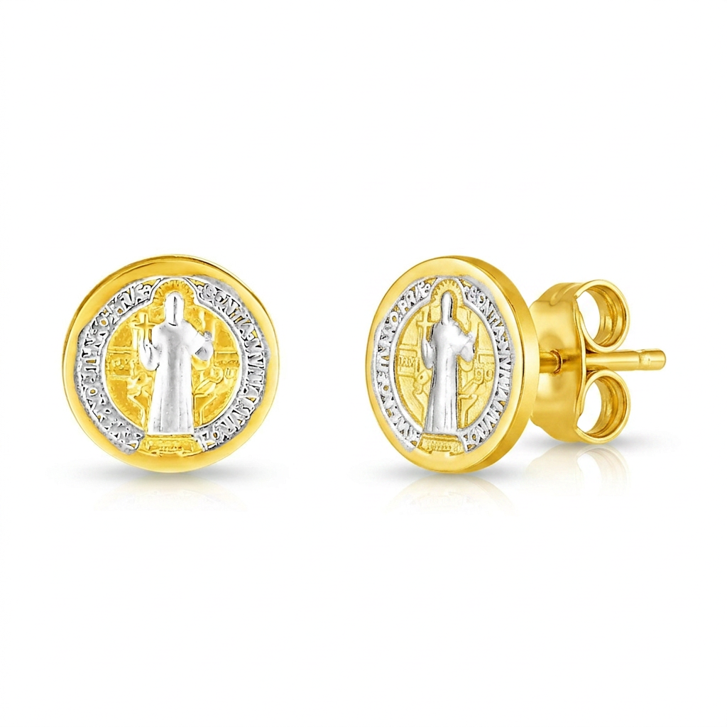 14k two-tone gold round religious medal post earrings by Avera Group, view 3