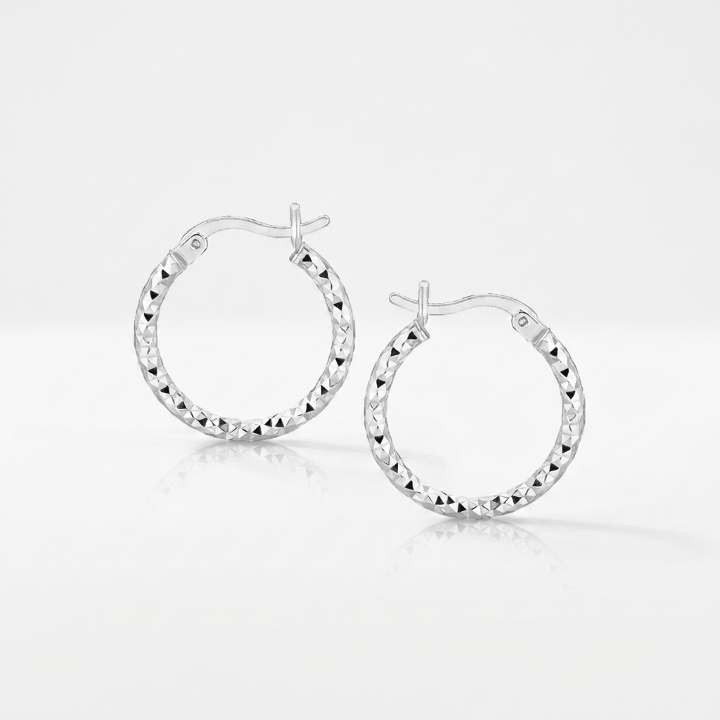 Sterling Silver Faceted Design Hoop Earrings with Rhodium Plating by Avera Group