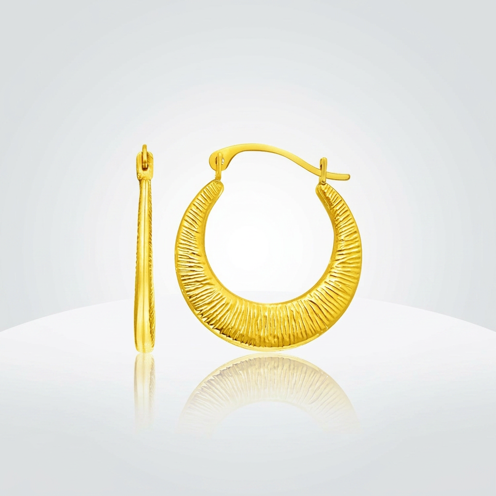 14k yellow gold graduated round textured hoop earrings by Avera Group, view 2