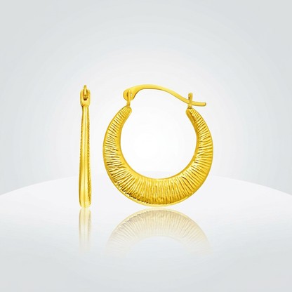 14k yellow gold graduated round textured hoop earrings by Avera Group, view 2