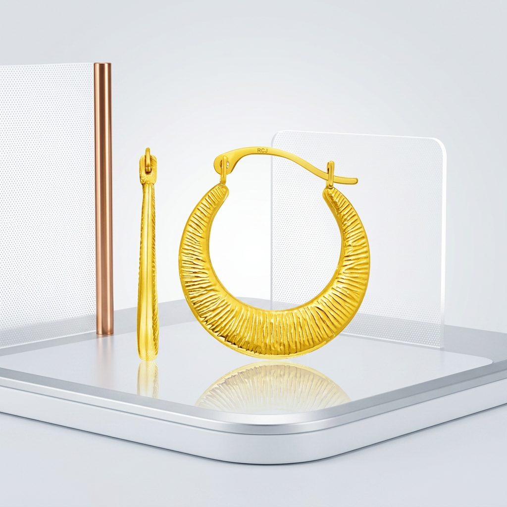 14k yellow gold graduated round textured hoop earrings by Avera Group, view 3