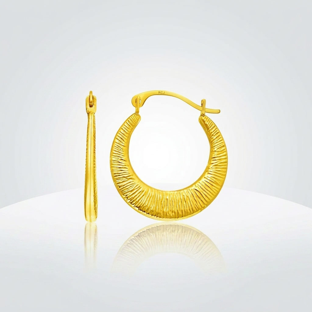 14k yellow gold graduated round textured hoop earrings by Avera Group, view 4
