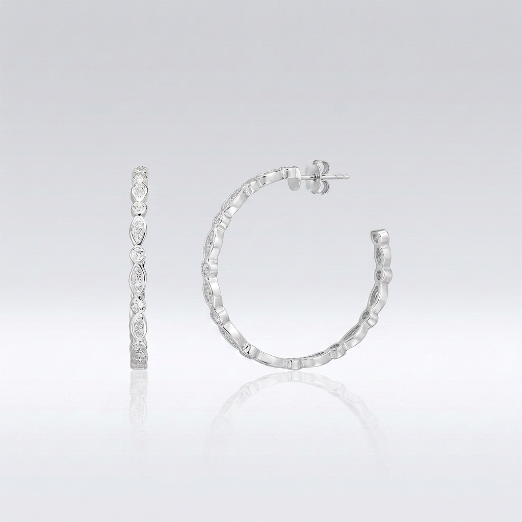 Sterling Silver Hoop Earrings with Round and Marquise Cubic Zirconias by Avera Group