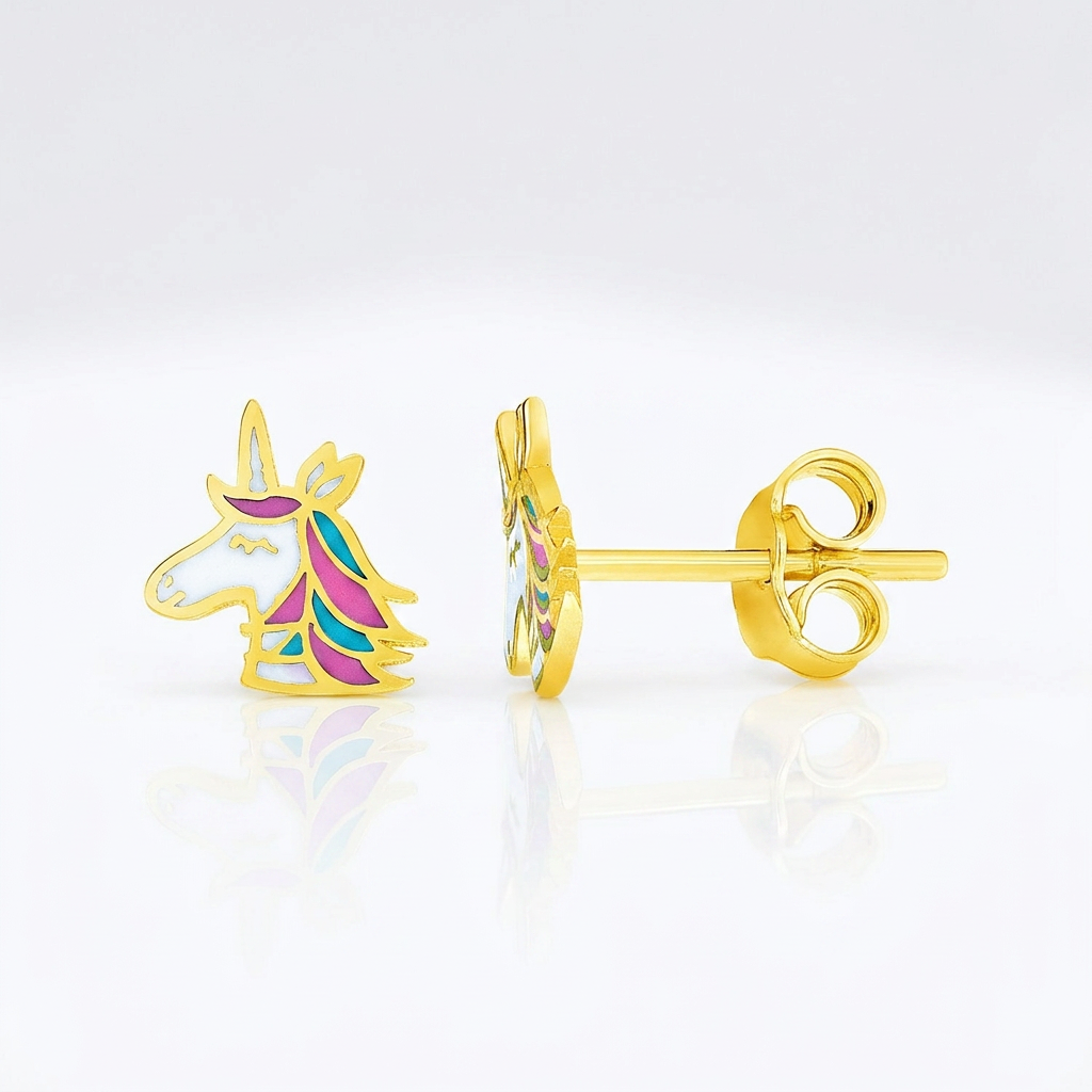 Children's 14k yellow gold enameled unicorn earrings, Avera Group, view 3