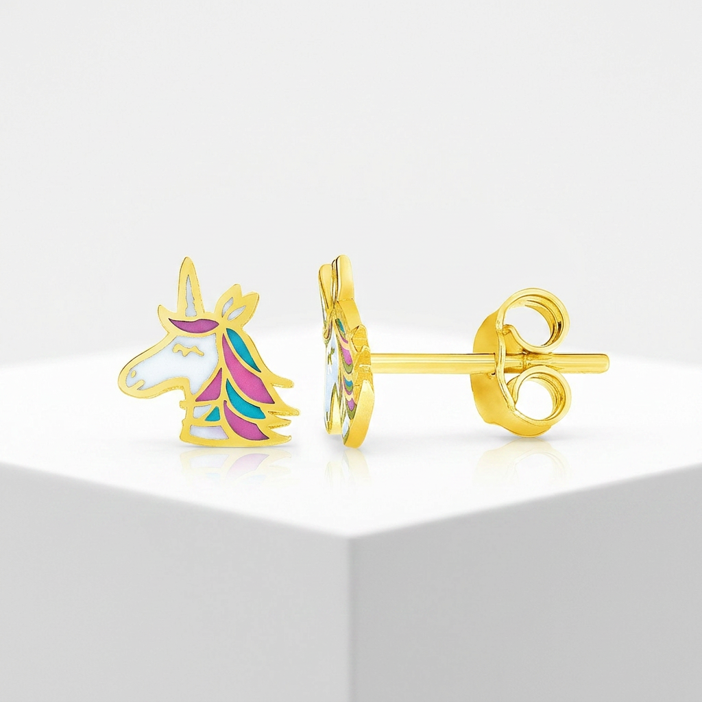Children's 14k yellow gold enameled unicorn earrings, Avera Group, view 2