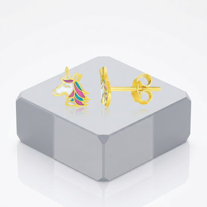 Children's 14k yellow gold enameled unicorn earrings, Avera Group, view 4