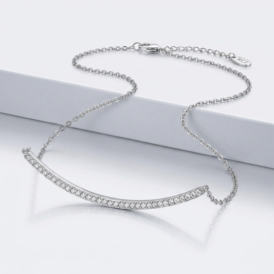 Sterling Silver Curved Bar Necklace with Cubic Zirconias by Avera Group
