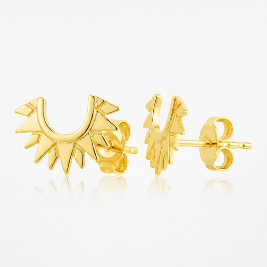 14k yellow gold half sunburst post earrings by Avera Group, view 2