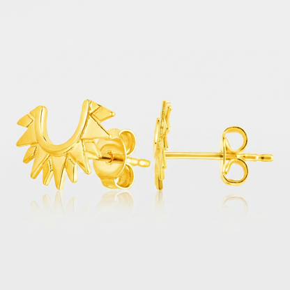 14k yellow gold half sunburst post earrings by Avera Group, view 3