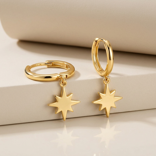 14k yellow gold huggie hoop earrings with star drops, Avera Group, view 2