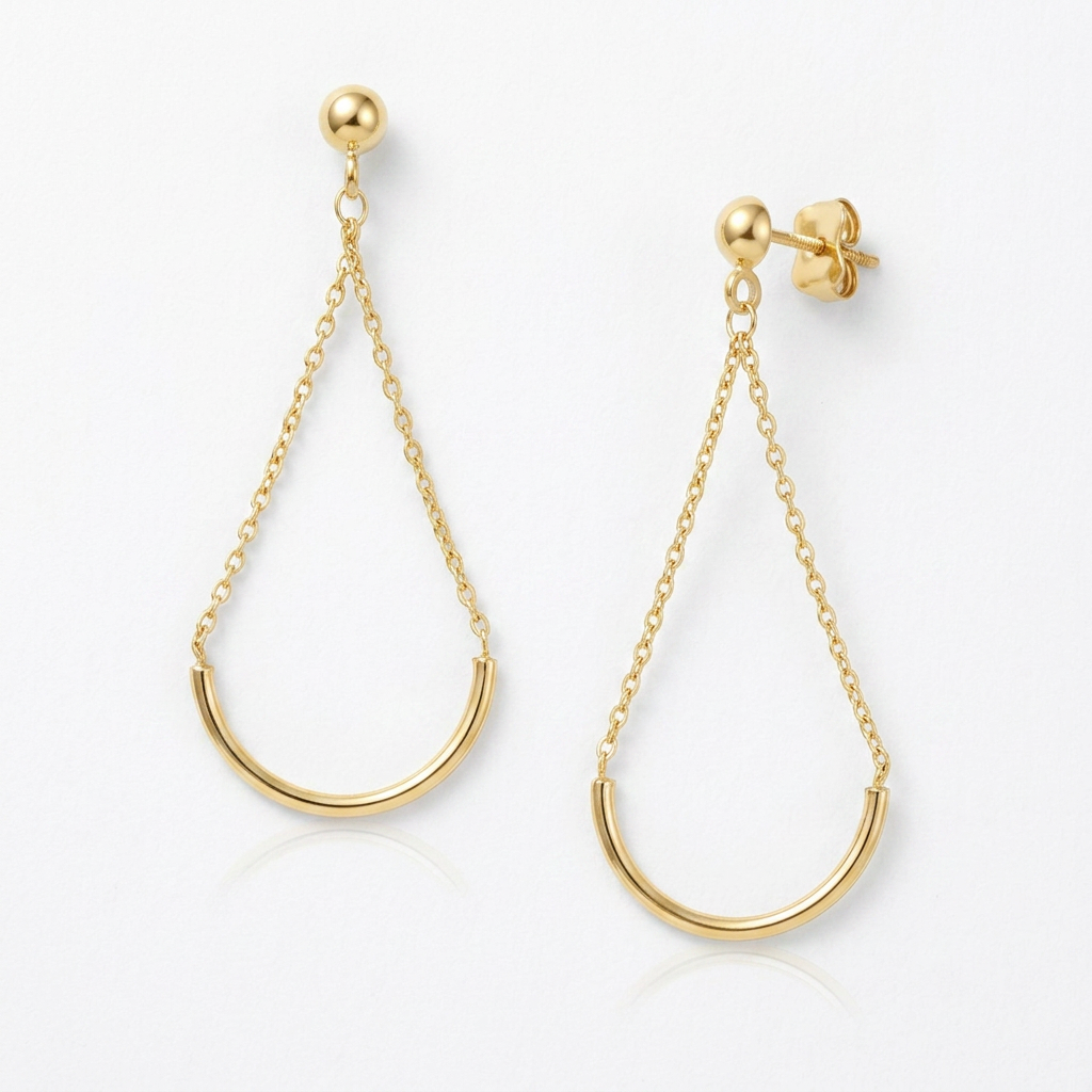14k yellow gold curved chain drop earrings, Avera Group, view 2
