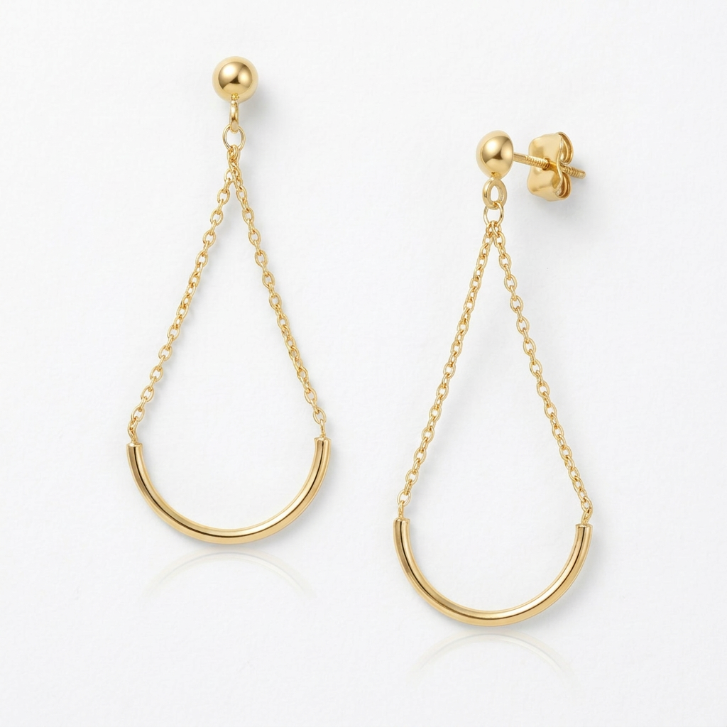 14k yellow gold curved chain drop earrings, Avera Group, view 3