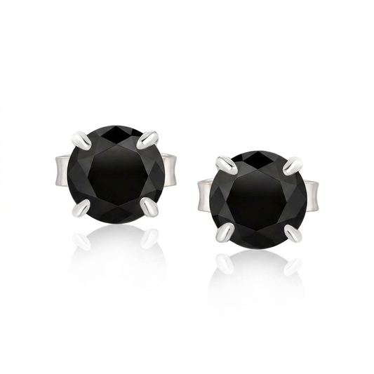 14k white gold stud earrings with 4mm black cubic zirconia by Avera Group, view 2