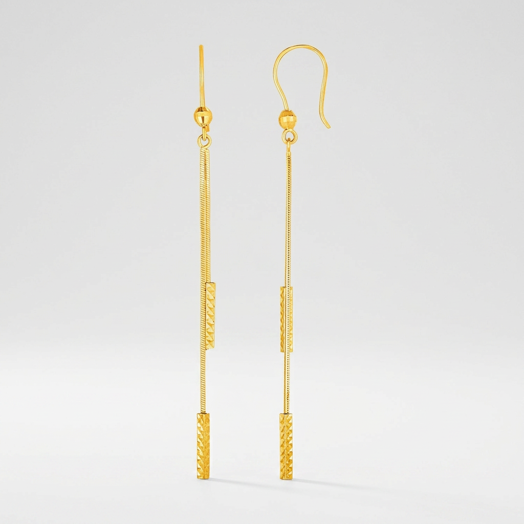 Textured Bar Long Drop Earrings in 14k Yellow Gold by Avera Group