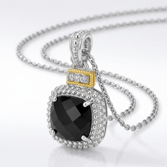 18k yellow gold and sterling silver black onyx popcorn cushion pendant, Avera Group, view 2