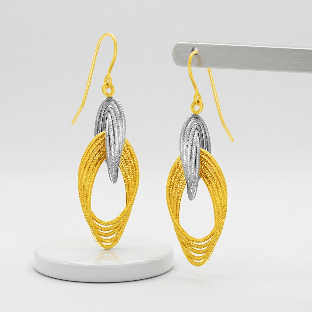 14k two-tone gold interlaced multiple row earrings by Avera Group, view 3