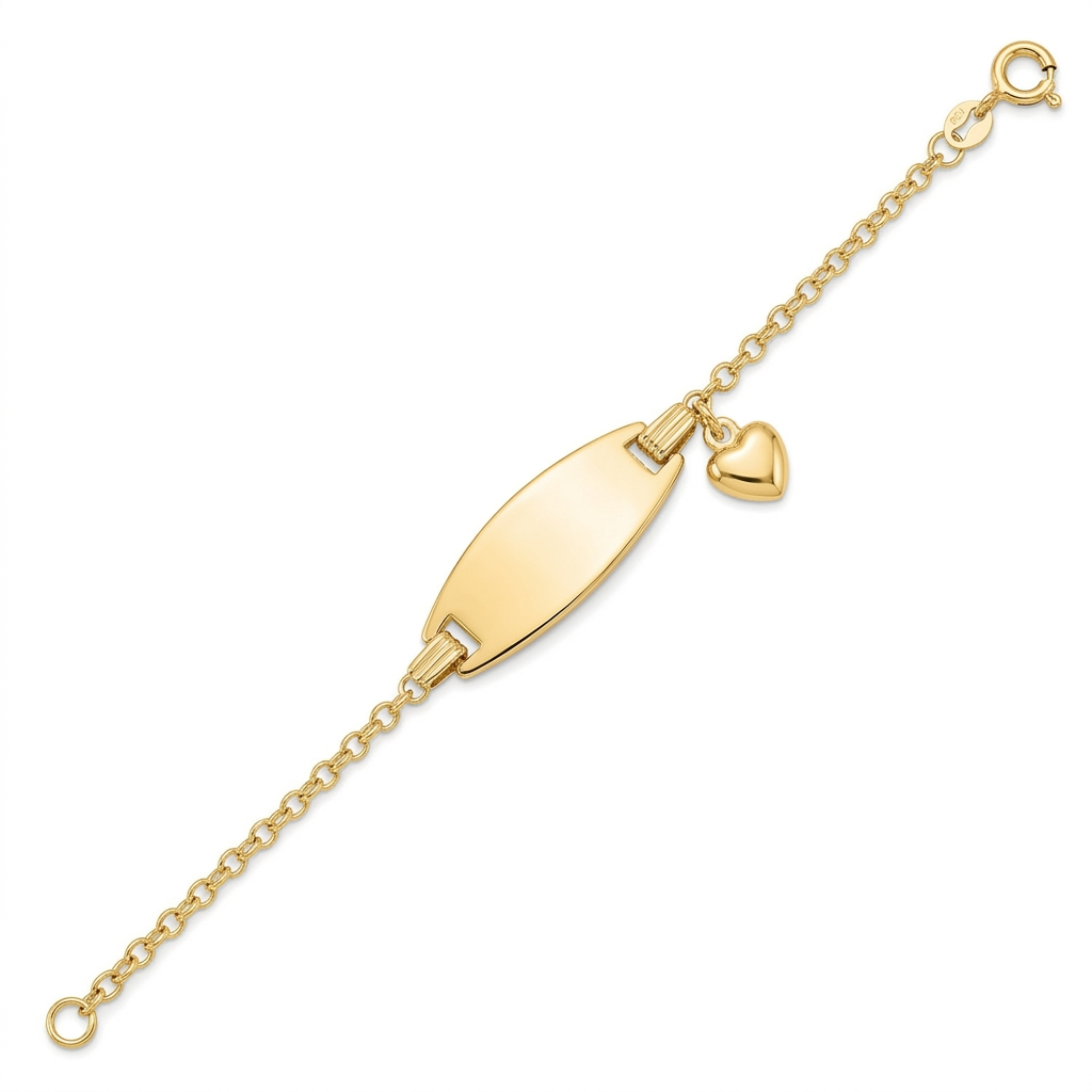 14k yellow gold children's cable chain ID bracelet with heart accent by Avera Group, view 2