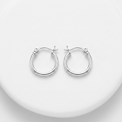 Sterling Silver Rhodium Plated Thin and Small Polished Hoop Earrings (10mm) by Avera Group
