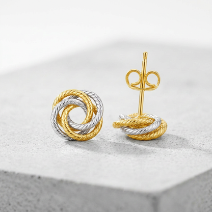 14k two-tone gold love knot earrings by Avera Group, view 3