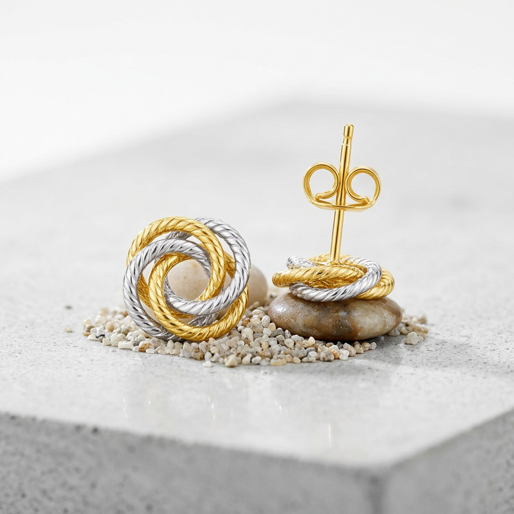 14k two-tone gold love knot earrings by Avera Group, view 2