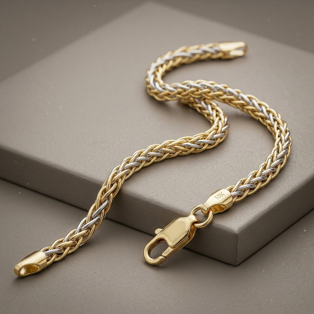 Two-Toned Fine Wheat Chain Bracelet in 10k Yellow and White Gold by Avera Group