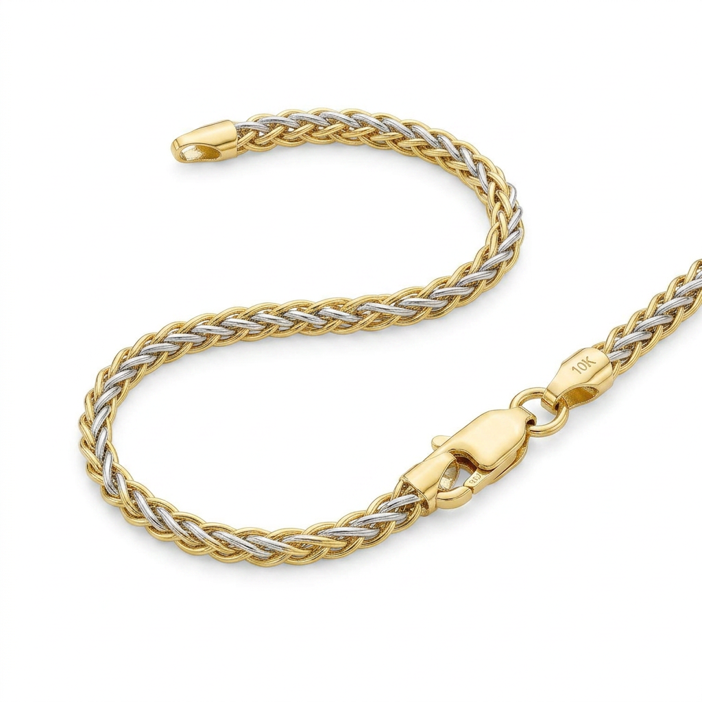 Two-Toned Fine Wheat Chain Bracelet in 10k Yellow and White Gold by Avera Group