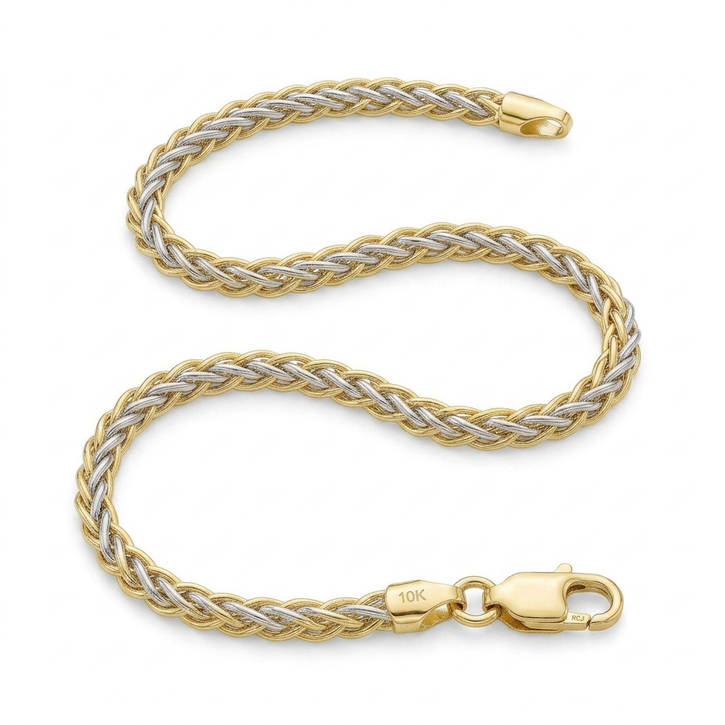 Two-Toned Fine Wheat Chain Bracelet in 10k Yellow and White Gold by Avera Group
