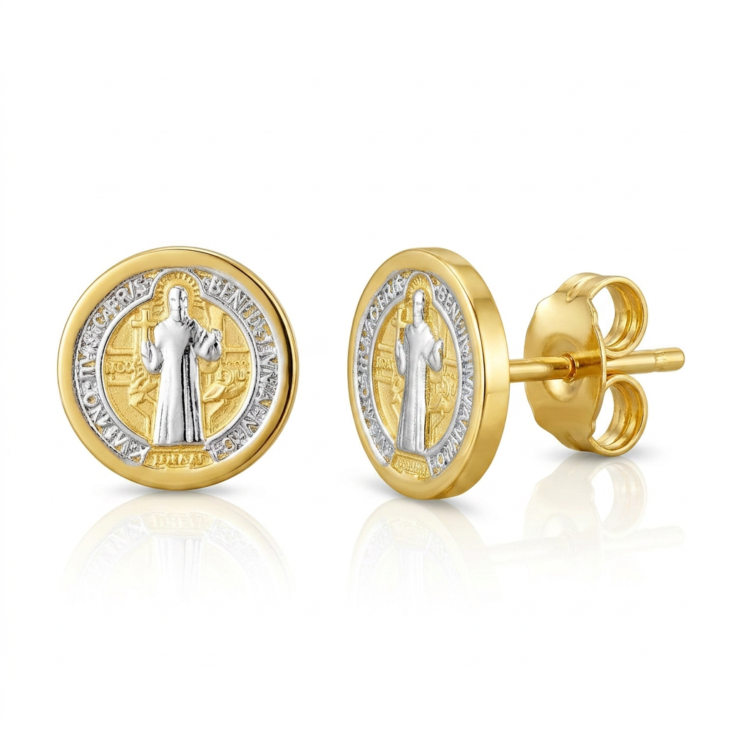 14k two-tone gold round religious medallion post earrings by Avera Group, view 3