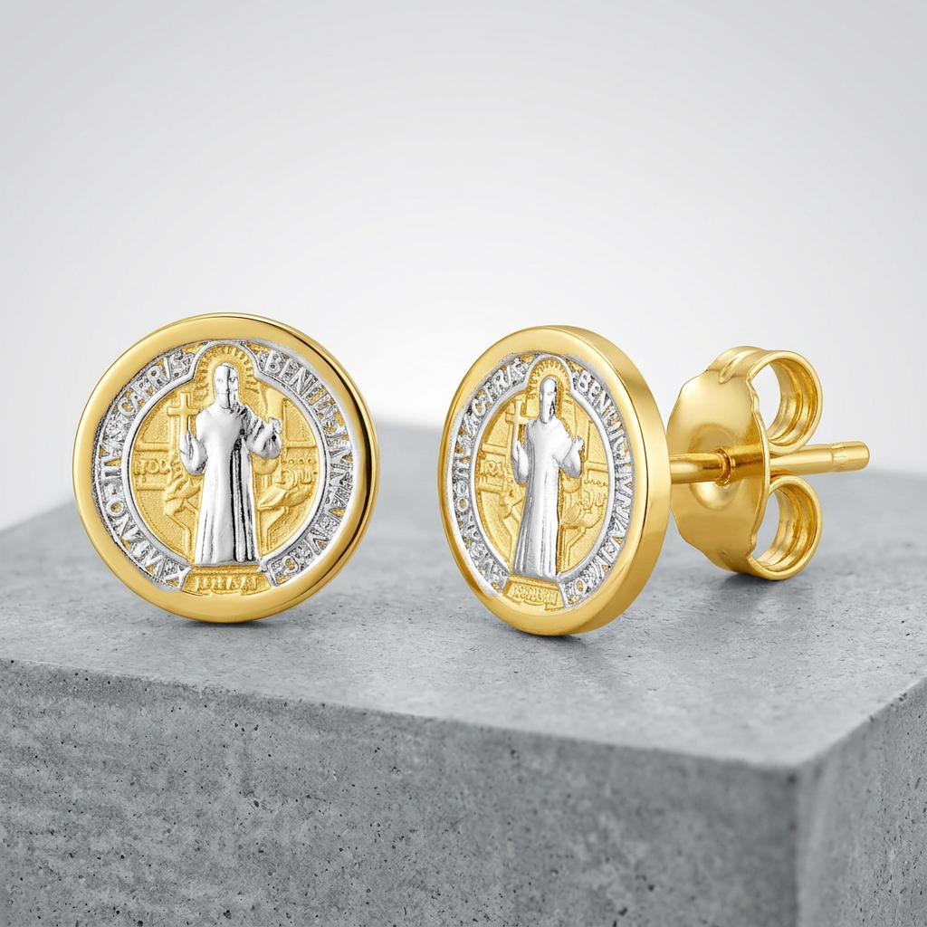 14k two-tone gold round religious medallion post earrings by Avera Group, view 2