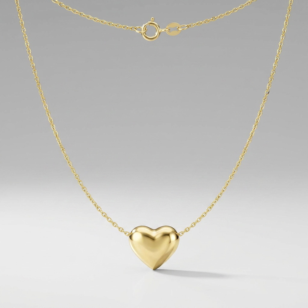 14k yellow gold chain necklace with sliding puffed heart charm, Avera Group, view 3