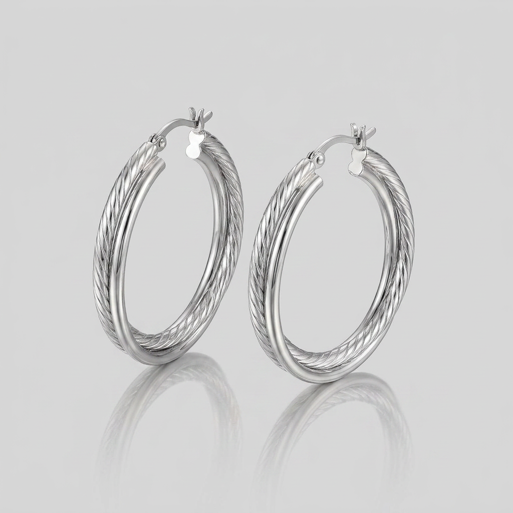 Sterling Silver Ridged Hoop Earrings with Textured Design by Avera Group