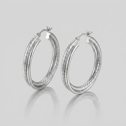 Sterling Silver Ridged Hoop Earrings with Textured Design by Avera Group