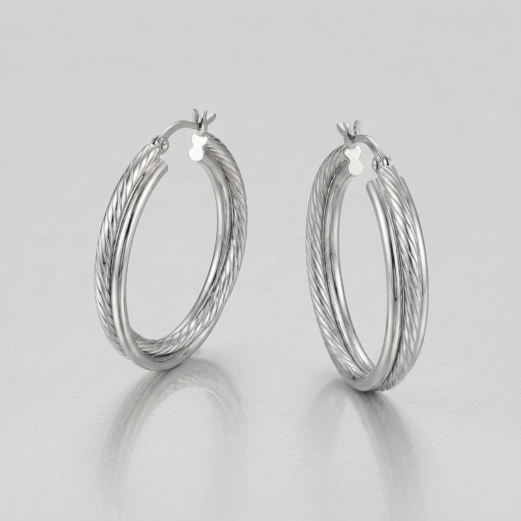 Sterling Silver Ridged Hoop Earrings with Textured Design by Avera Group