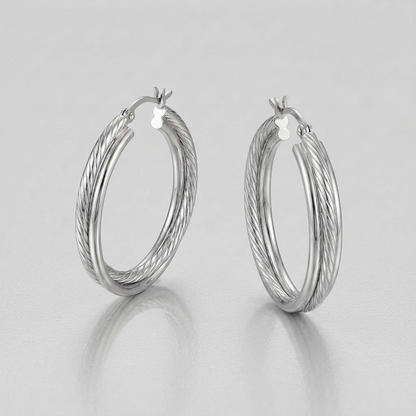 Sterling Silver Ridged Hoop Earrings with Textured Design by Avera Group