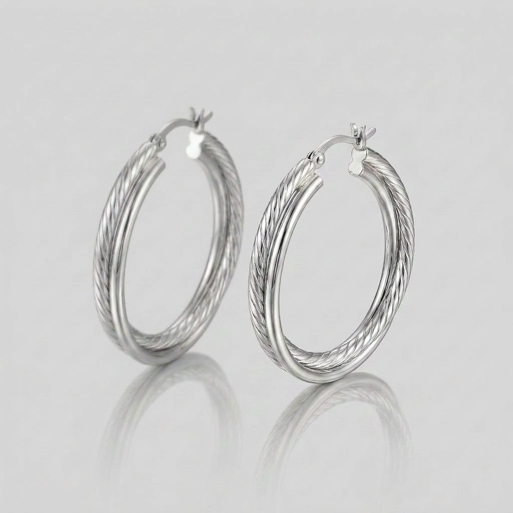 Sterling Silver Ridged Hoop Earrings with Textured Design by Avera Group