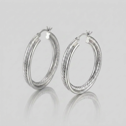Sterling Silver Ridged Hoop Earrings with Textured Design by Avera Group