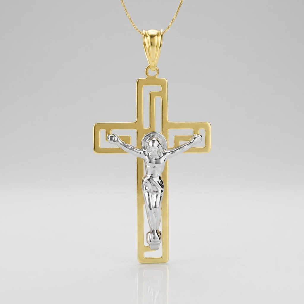 14k two-tone gold cross with figure pendant by Avera Group, view 4