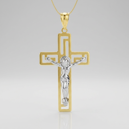14k two-tone gold cross with figure pendant by Avera Group, view 4