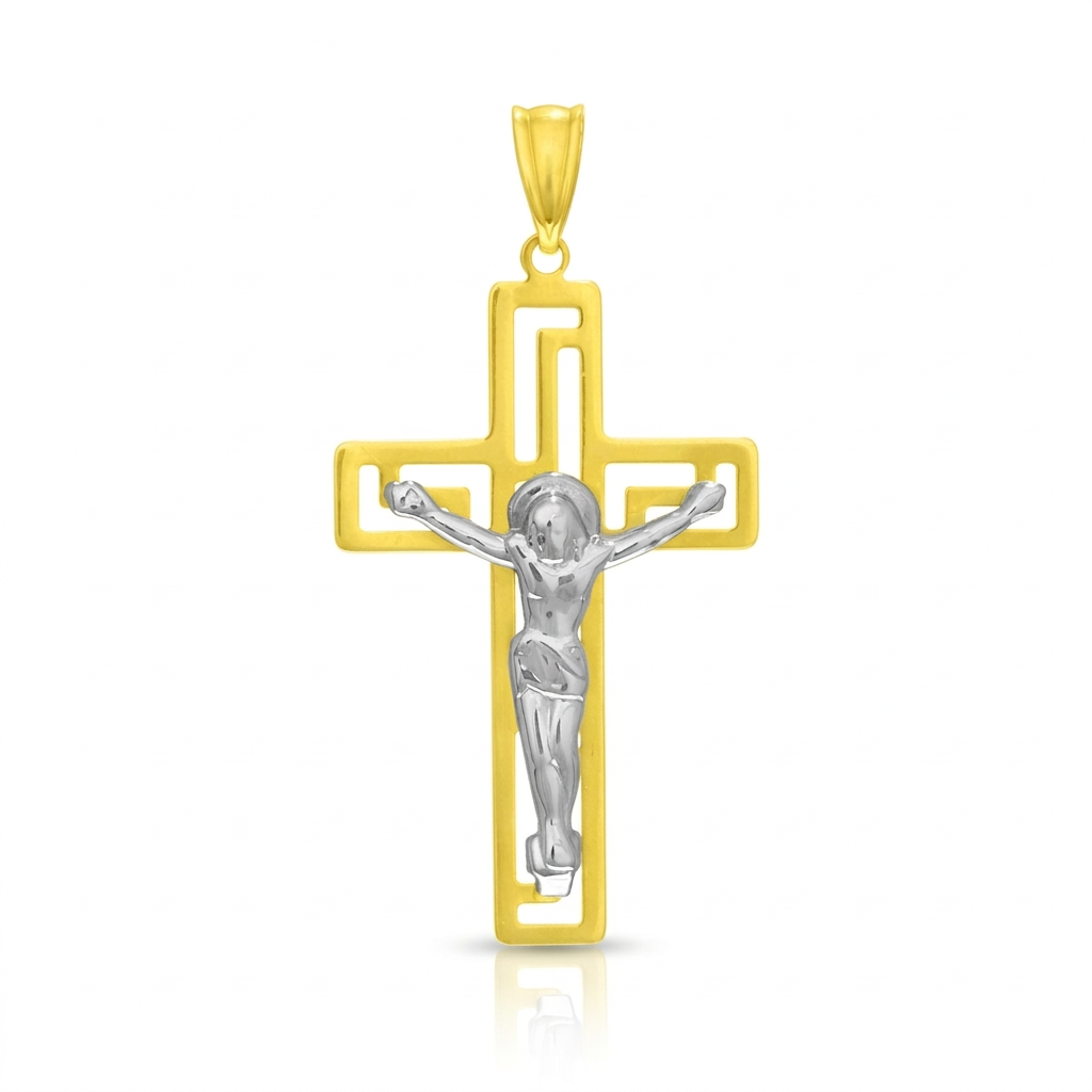 14k two-tone gold cross with figure pendant by Avera Group, view 3