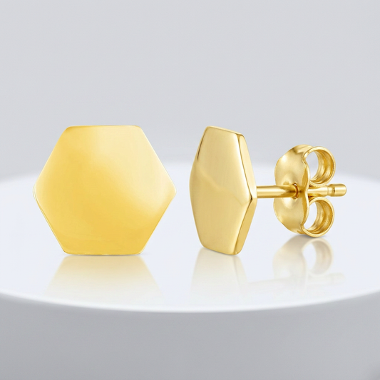 14k yellow gold hexagon stud earrings by Avera Group, view 2