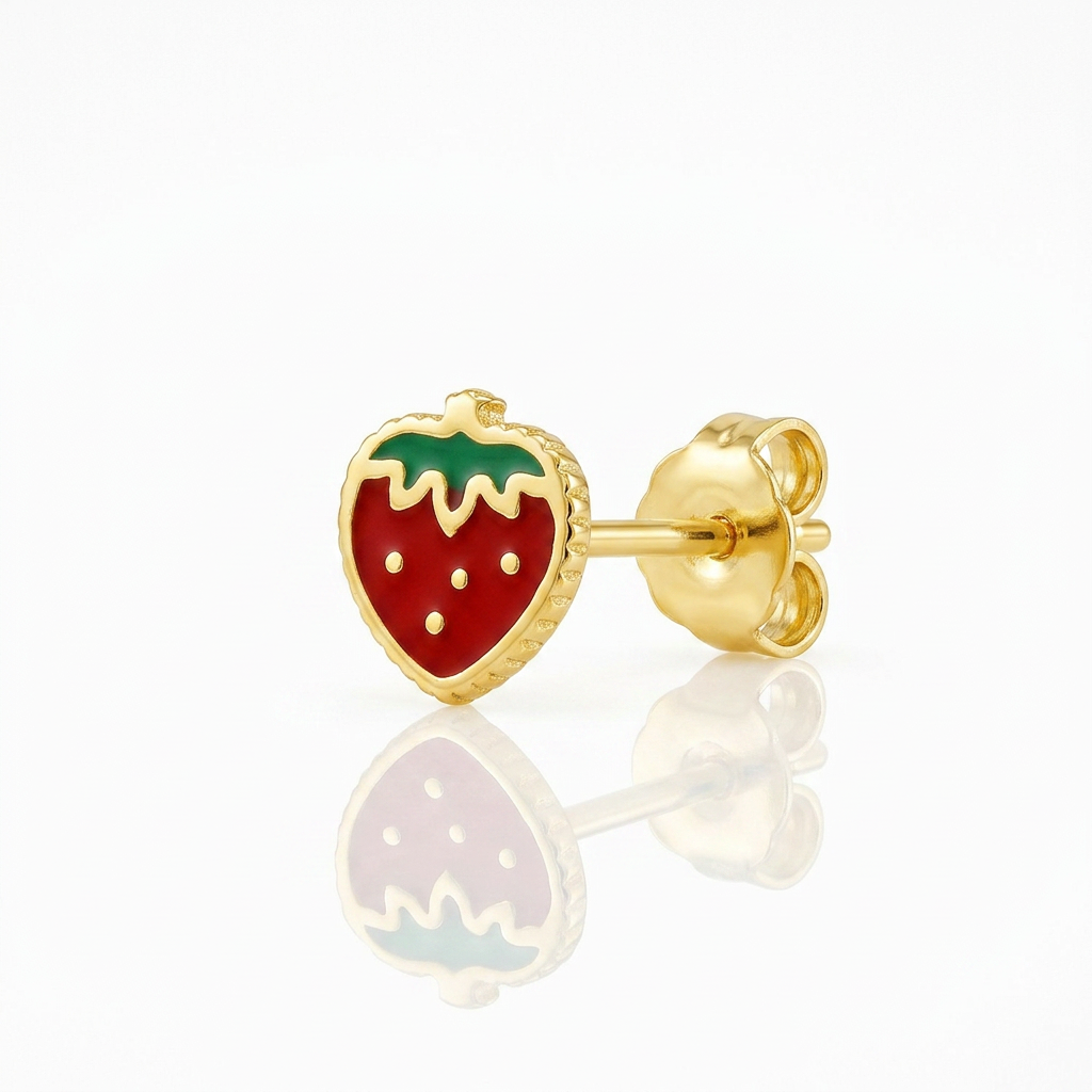 Children's 14k yellow gold enameled strawberry stud earrings, Avera Group, view 2