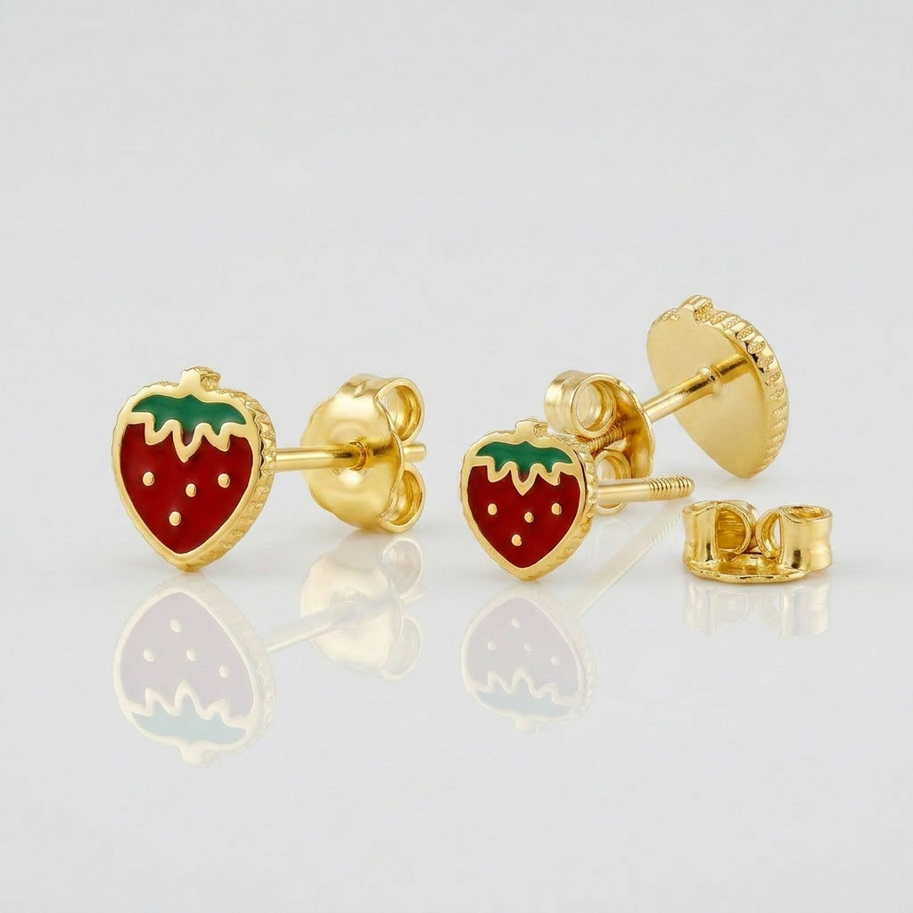 Children's 14k yellow gold enameled strawberry stud earrings, Avera Group, view 4