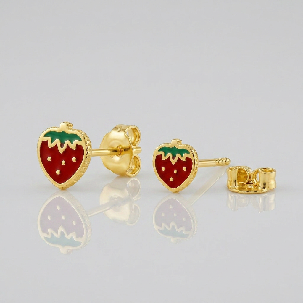 Children's 14k yellow gold enameled strawberry stud earrings, Avera Group, view 3