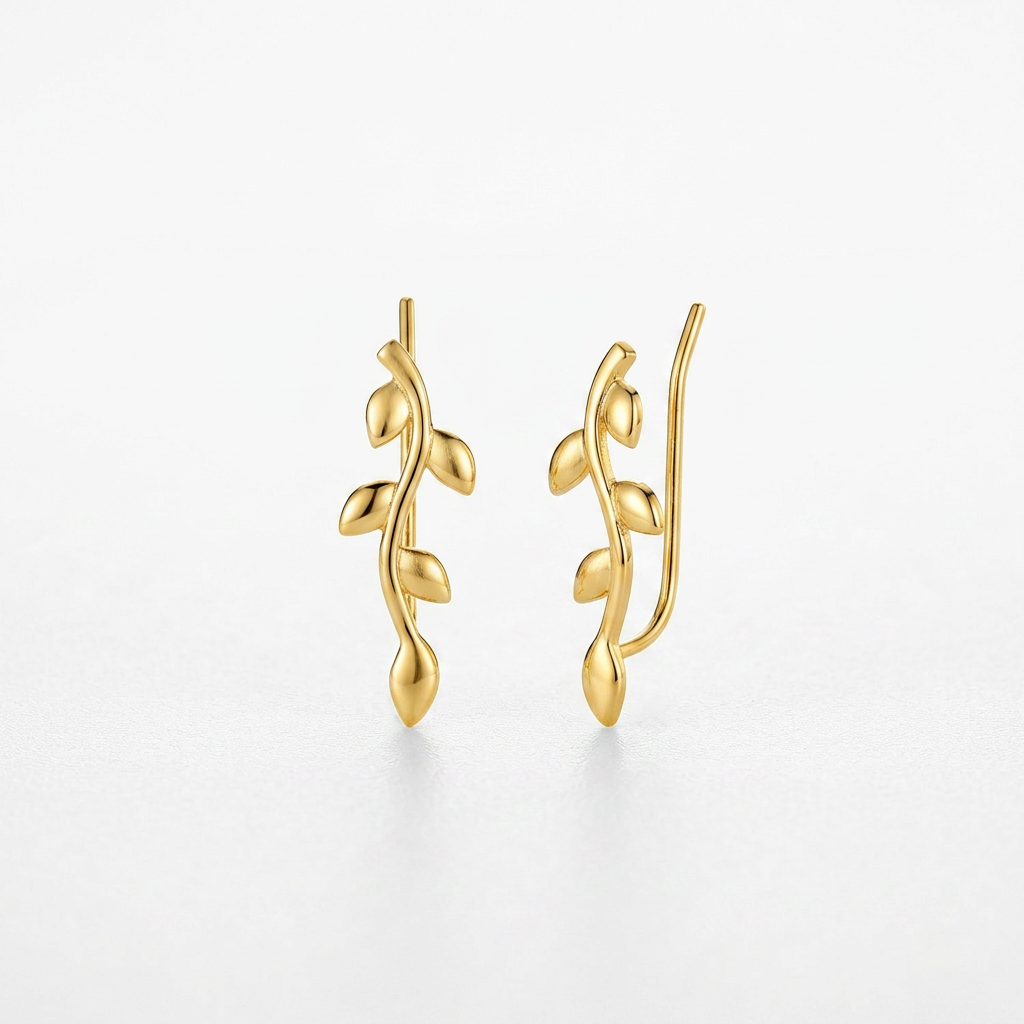 Leafy Branch Motif Climber Earrings in 14k Yellow Gold by Avera Group