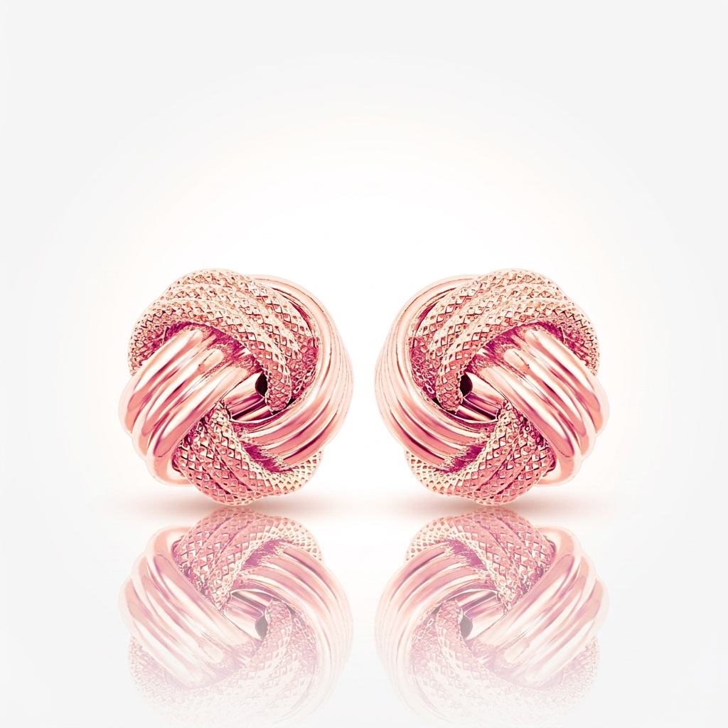 14k rose gold love knot earrings with ridge texture by Avera Group, view 2