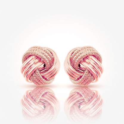 14k rose gold love knot earrings with ridge texture by Avera Group, view 2